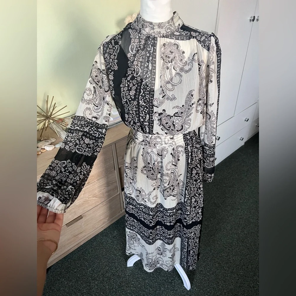 MANGO Blondie Printed Paisley Gold Thread Puff Sleeve Modest Midi Dress Sz XS-S - Picture 10 of 16
